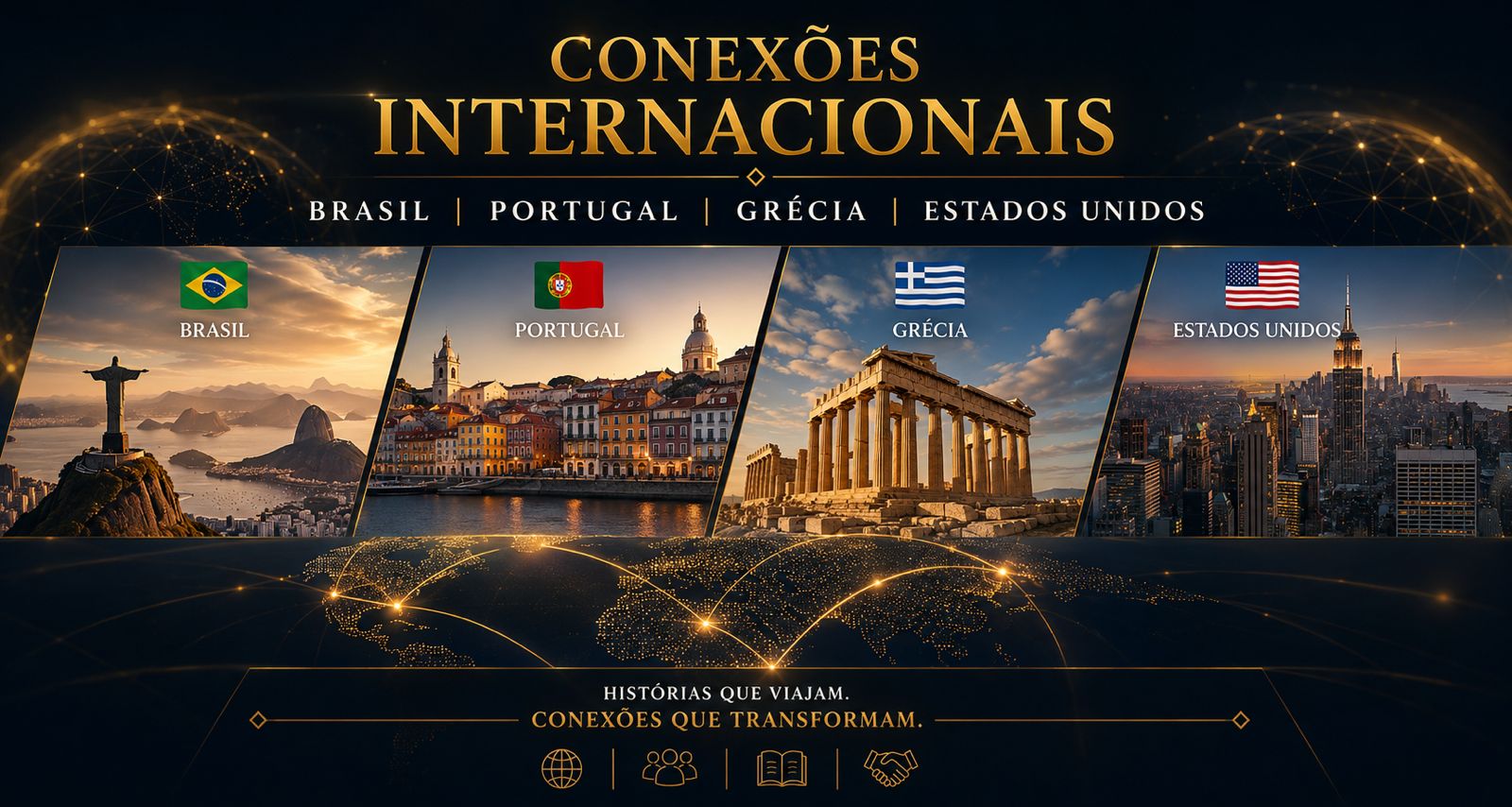 Conexões internacionais entre Brasil, Portugal, Grécia e Estados Unidos